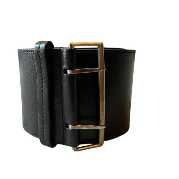 Jil Sander Mens SZ 40 Black Smooth Very Wide Leather Belt Italy Silver Buckle - Picture 1 of 8